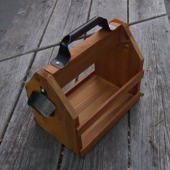 Wood Bottle Caddy with Metal Carrying Handle and Mounted Metal Bottle Opener - Picture 3 of 16